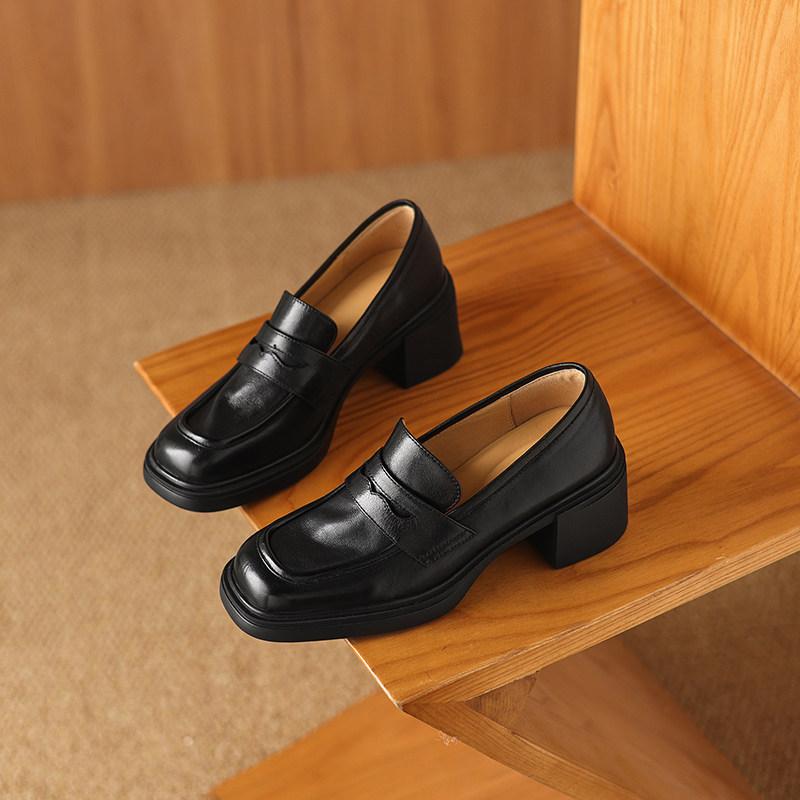 Retro British style square head thick heel platform loafers versatile commuter small leather shoes one pedal high heel single shoes