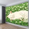 2D Adorable Sleeping Cat in Flower Garden Tapestry Green Grassland Art Wall Decor Cloth for Home & Bedroom