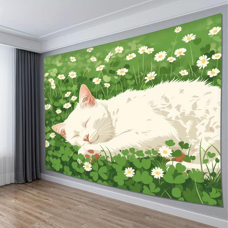 2D Adorable Sleeping Cat in Flower Garden Tapestry Green Grassland Art Wall Decor Cloth for Home & Bedroom