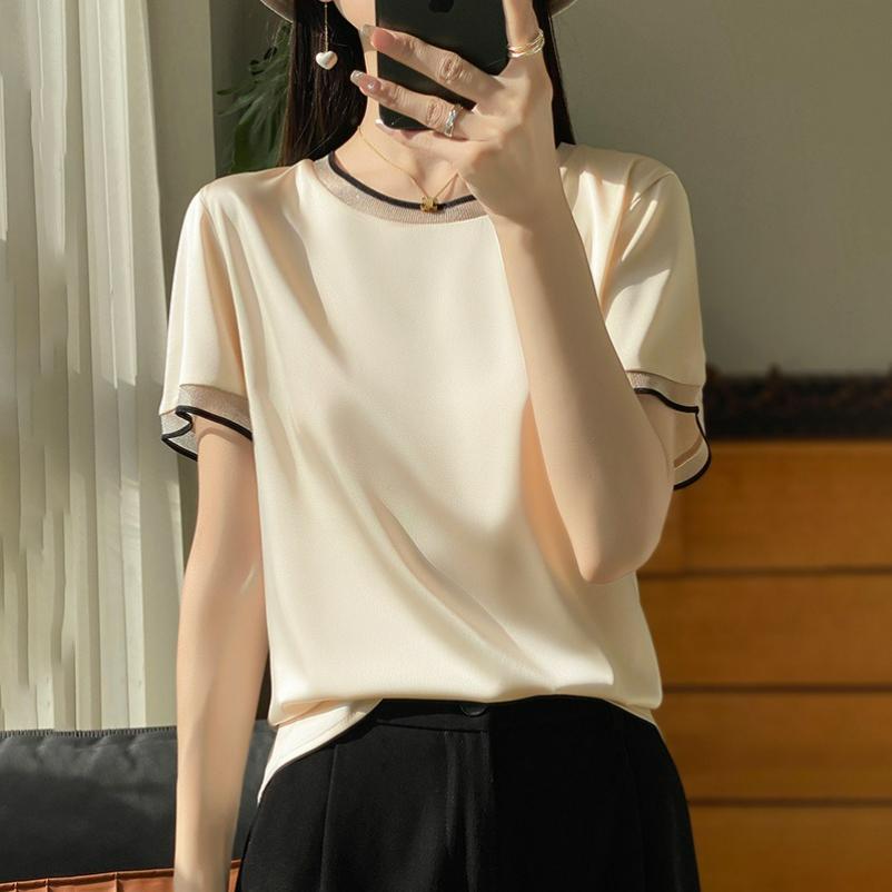 

Silk Satin Spring and Summer Women s Short Loose Round Neck Color Matching Mesh Short-sleeved T-shirt Temperament Thin Top 3XL бежевий
