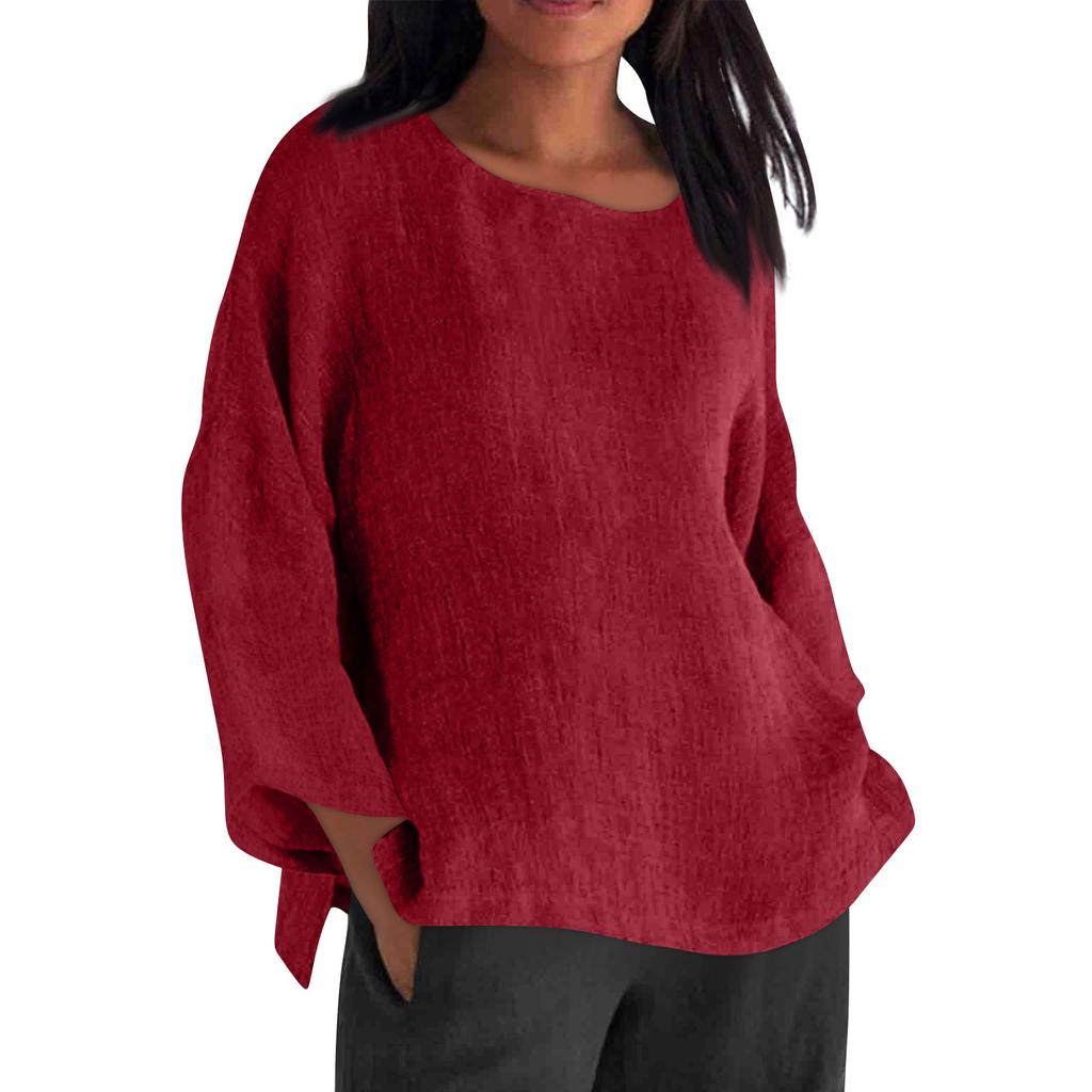 Long Sleeved Round Neck Solid Color Top Cotton and Linen Women’s Blouses & Shirts