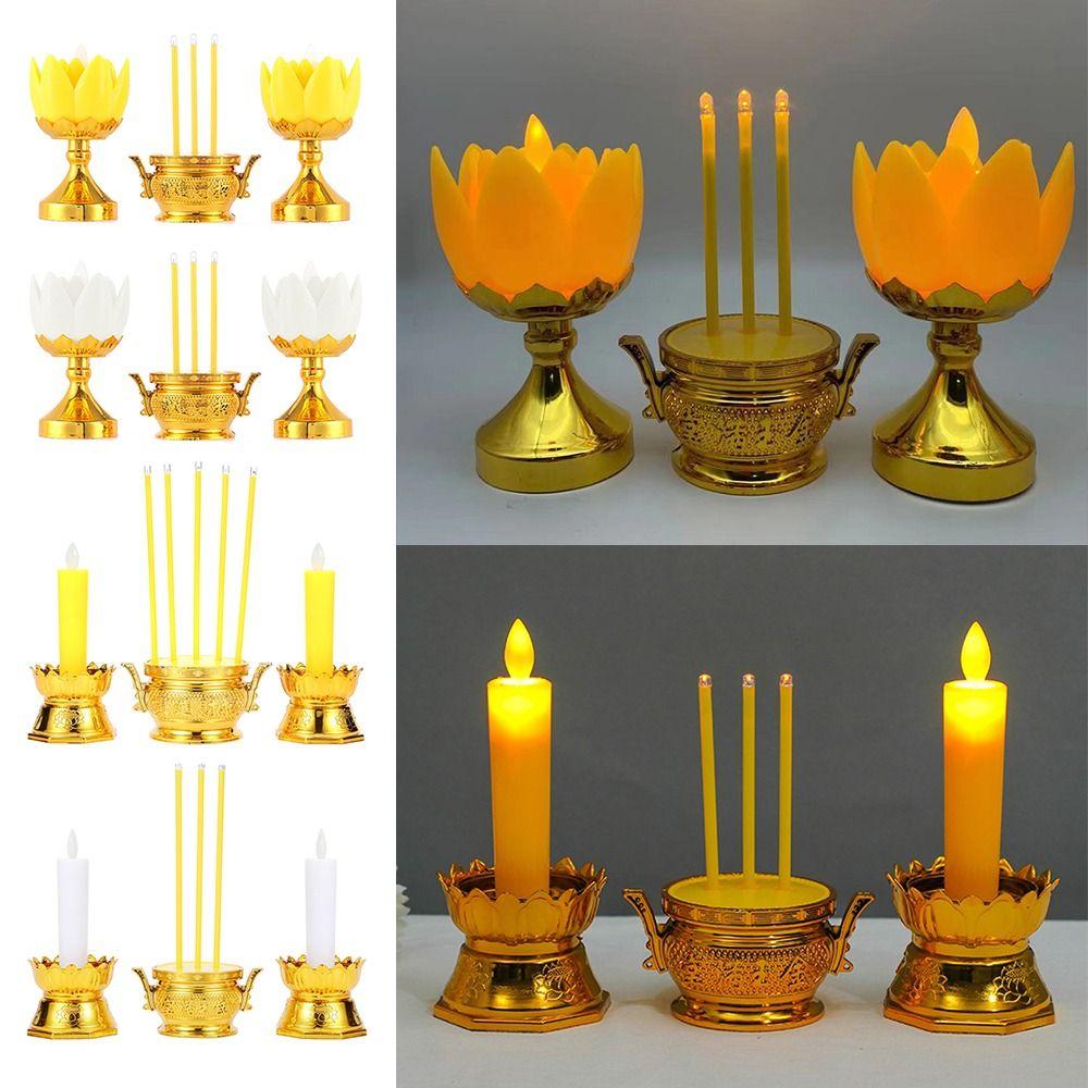 Flickering Candle Flame Lotus Candle Set Gold White Plastic Candle Incense Burner Set with Batteries LED Light