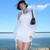 European and American spring and summer slanted shoulder long sleeved hooded dress, sexy perspective pleated dress for women
