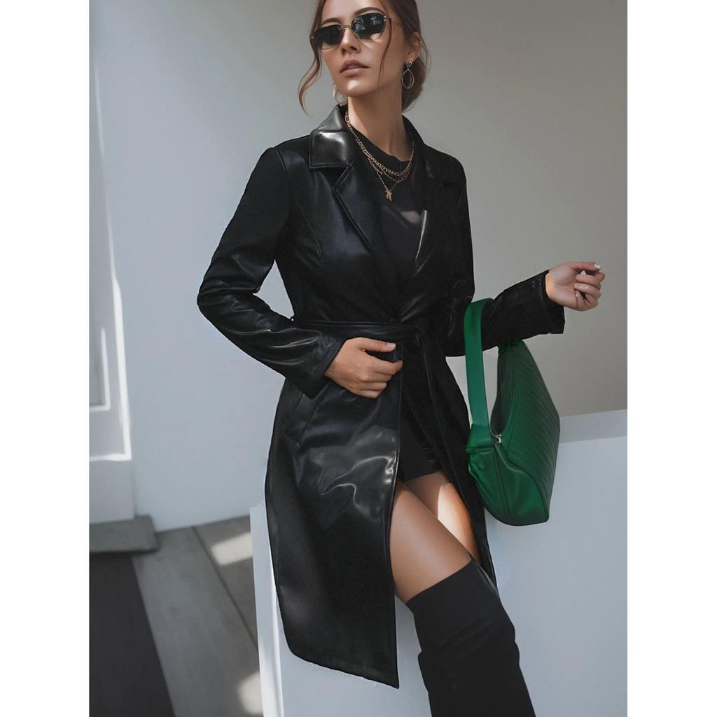 Solid Mid Length PU Leather Jacket Casual Lapel Long Sleeve Outerwear Women's Clothing