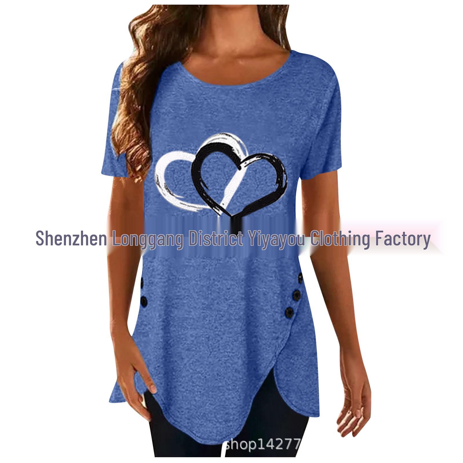 

2022 Весна/Лето Футболка с принтом сердец, неровной застежкой на пуговицы и коротким рукавом XL синий