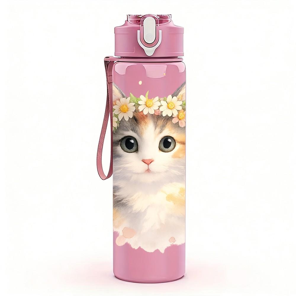 1PC Cute Kitten Cat Flower Crown Print 750ml Color Plastic Sports Water Bottle Leakproof Flip Straw Lid Suitable for Sports Office Home Use