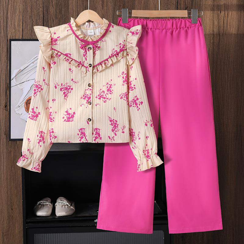 

Girls Fashionable Outfit - Summer Children s Elegant Lace Long-sleeved Shirt and Wide-leg Pants Set 130cm=8Y розы красного