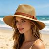 Summer Straw Hat Foldable Wide Brim Sun Hat with Faux Leather Strap Decor Adjustable Size Lightweight Outdoor Travel UV Protection Hat