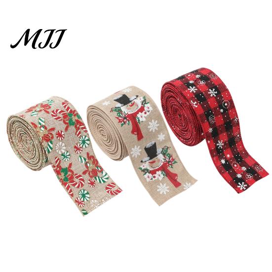 Christmas Floral Arrangements 1 Roll Burlap Ribbon, Faux Linen Wired Ribbon with Snowman DIY Garland Making Supplies Truck Print, Gift Wrapping