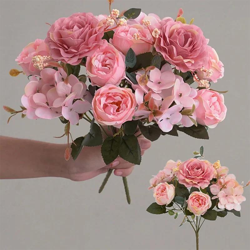 30cm Rose Pink Silk Bouquet Peony Artificial Flower 5 Big Head 4 Small Bud Bride Wedding Home Decoration Artificial Flower