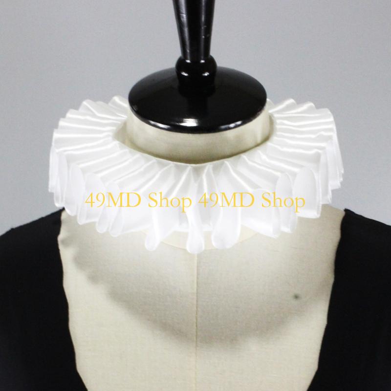 

49MD Women Romantic Ribbon Bow Ruffled Fake Collar Victorian Neck Ruff White Satin Clown Choker Cosplay Costume CN