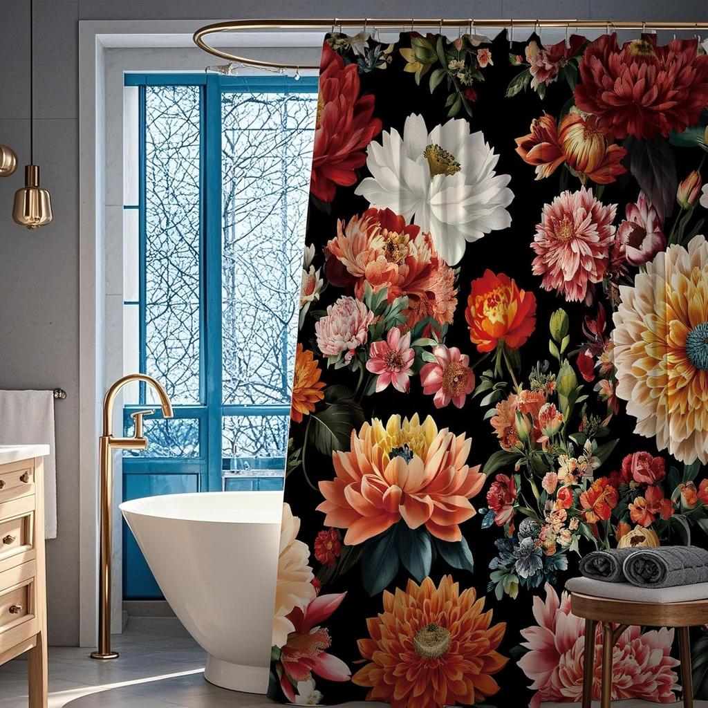 Boho Black Red Flower Shower Curtain Dark Floral Shower Curtains Set Spring Wildflower Rose Leaf Plant Vintage Bath Curtain Rust