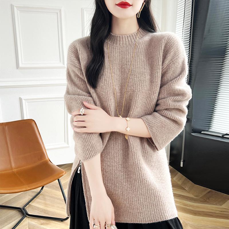 Women's Mid-Length Cashmere Sweater - Pleated Slit, Round Neck Knitwear for Autumn/Winter