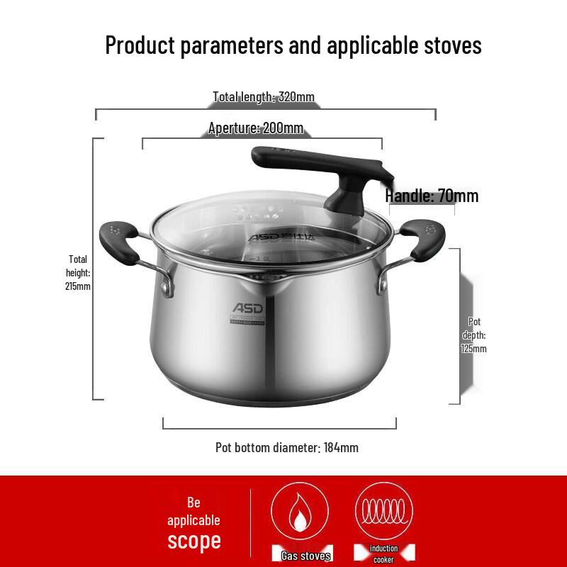 ASD 304 Stainless Steel 20cm Universal Induction Soup Pot