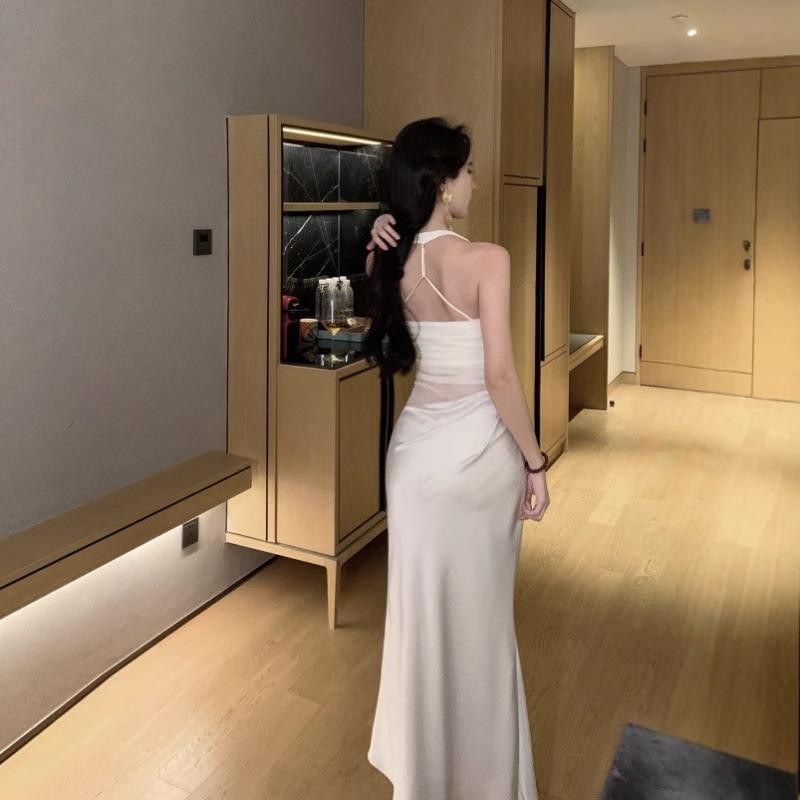 Summer New Mesh Satin Splicing Neck Dress Women's Waist and Thin Hip Dress Suspender Skirt