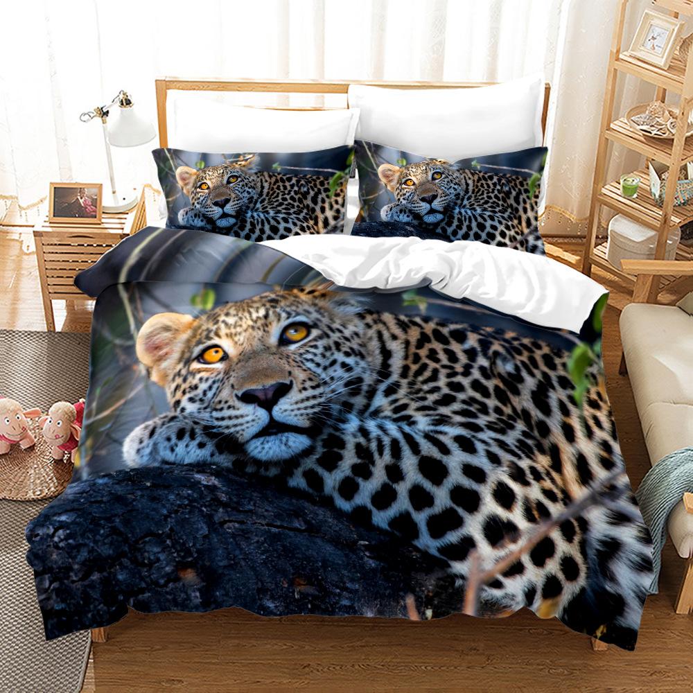 Leopard Duvet Cover Set King Size 3D Animal Print Bedding Set Wildlife Polyester Comforter Cover Set Red Rose For Kids Boys Girl