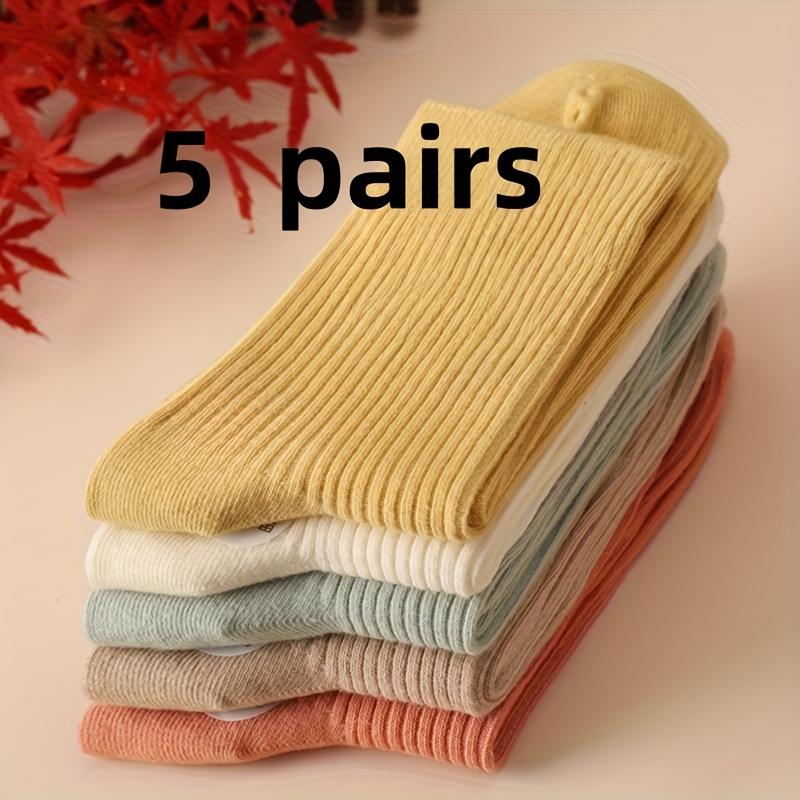5 Pairs Women's Striped Socks, Solid Color Mid-Calf Versatile Spring Autumn Winter Models, Double-Needle Thickened Simple Solid Color Long Socks