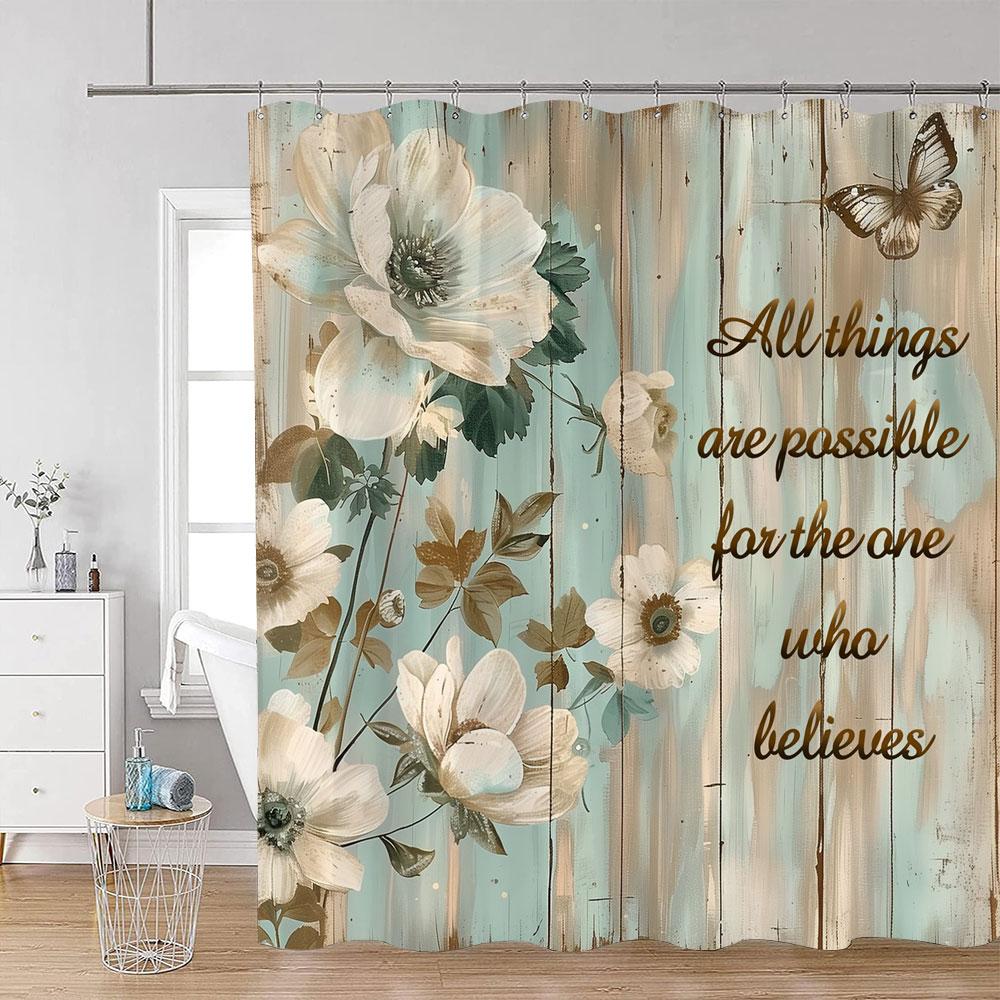 Floral Butterfly Shower Curtains Black and White Flowers Botanical Watercolour Art Modern Minimalist Bathroom Curtain Decor Sets