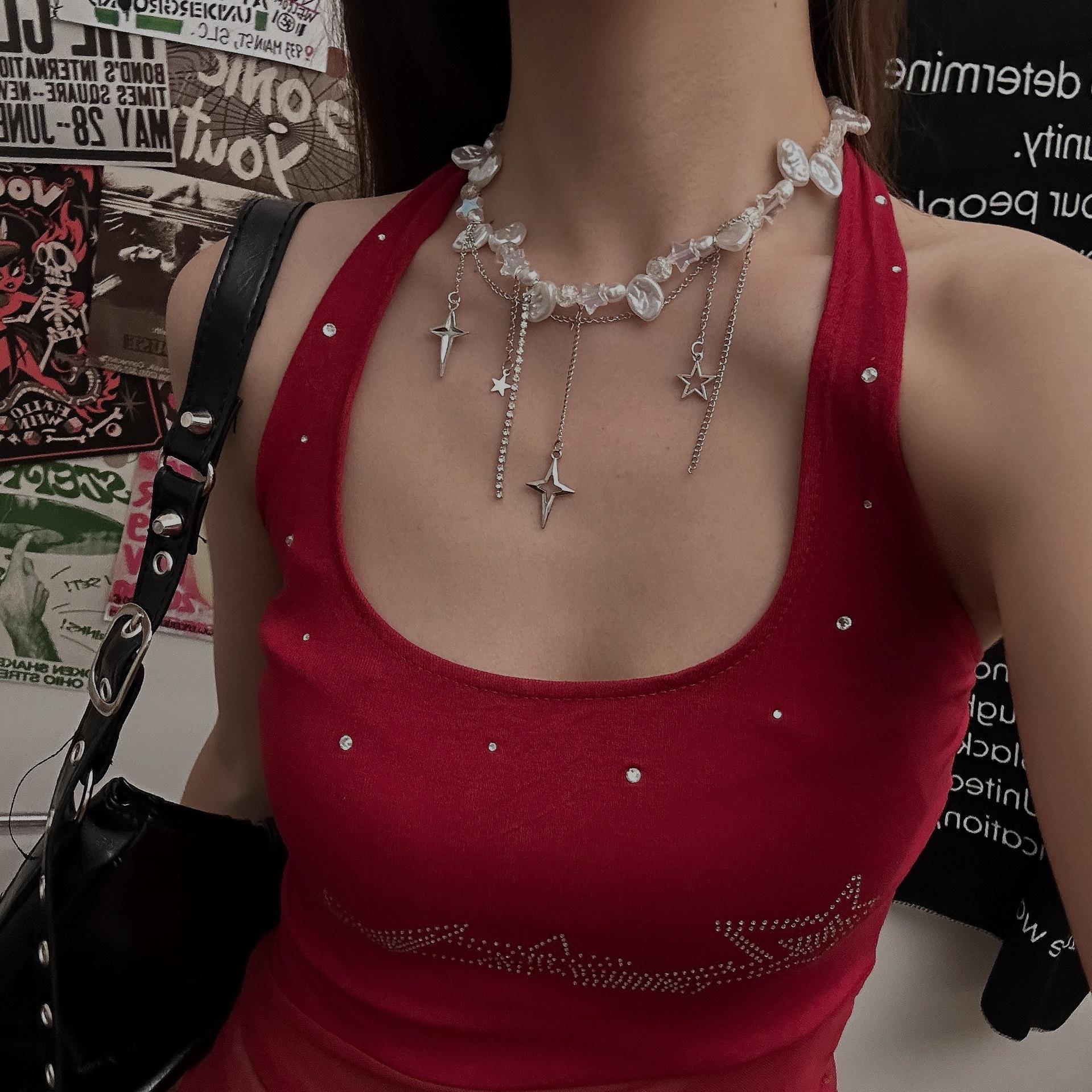 

Personality Temperament Awn Star Tassel Baroque Acrylic Pearl Necklace for Women Hip-hop Punk Collar Chain Jewelry Accessories