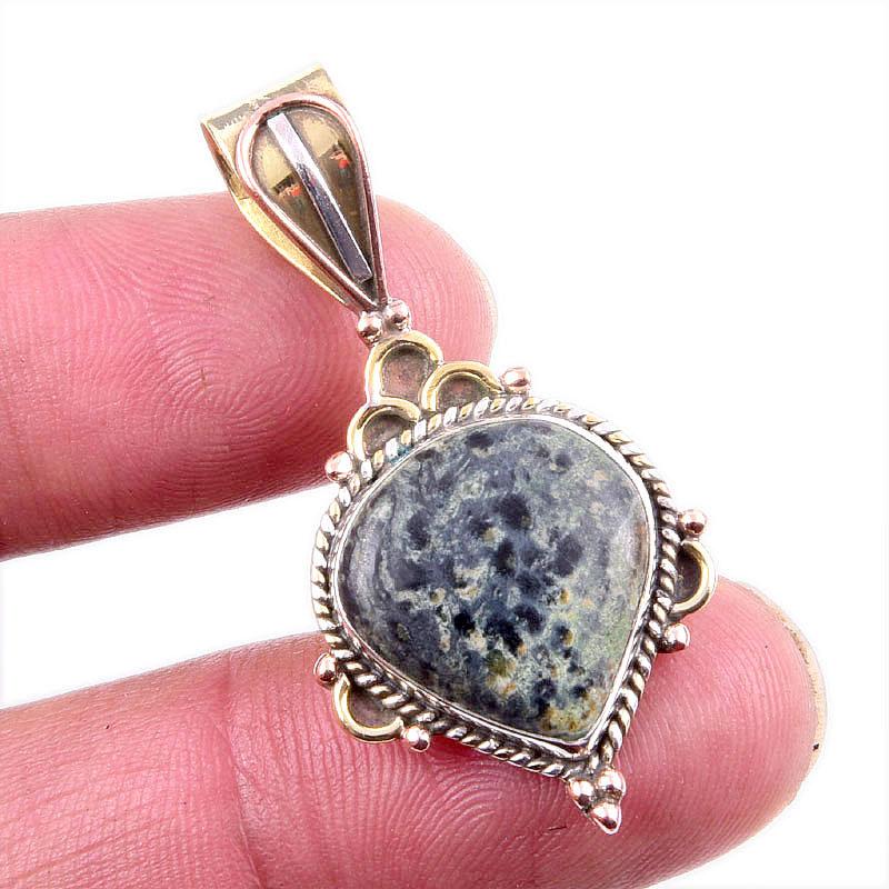 

Natural Green Pietersite Gemstone 925 Solid Silver Two Tone Pendant 1.5 s1B18