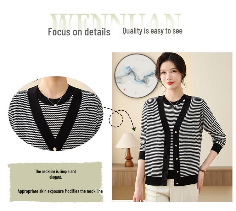 Noble Spring Striped Knit Two-Piece Set for Middle-Aged Women - Lightweight Summer T-Shirt and Pants
