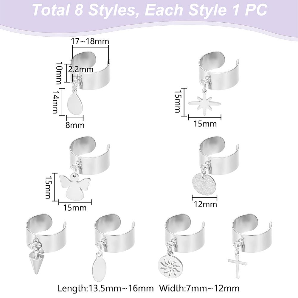 304 Stainless Steel Open Cuff Rings, with Mixed Shapes 304 Stainless Steel Charms, Stainless Steel Color, 36~38mm, 8pcs/set