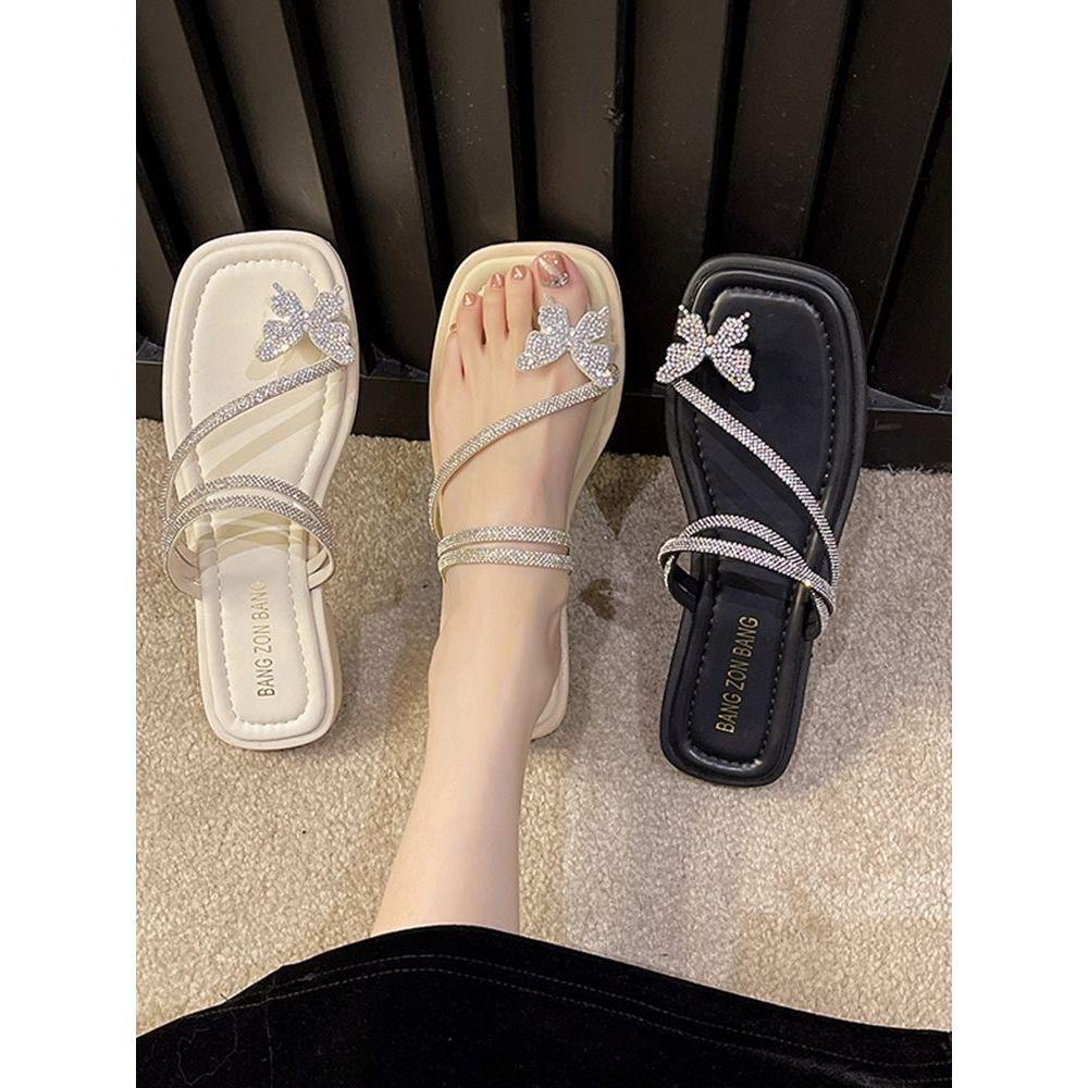 2025 Sommer neue ins koreanische Version Schleife Sandalen Damen flachsohlige Fee Strass Zehen cool Slipper Damen Oberbekleidung