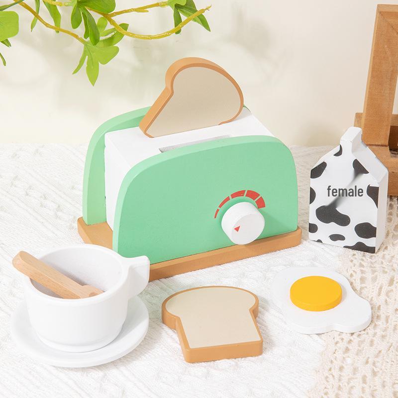 Toddler Pretend Play Wooden Kitchen Set: Toaster, Mixer, Coffee Maker, Juicer Toy.