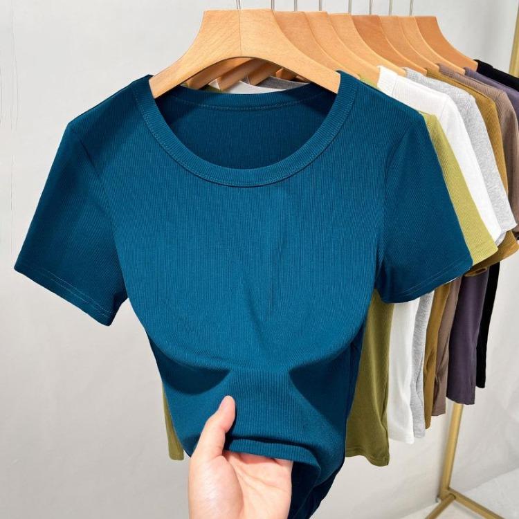 Women's Fashion Solid Color Threaded Short Sleeve T Shirt Big Round Neck Waist Top Inner Bottoming Shirt New