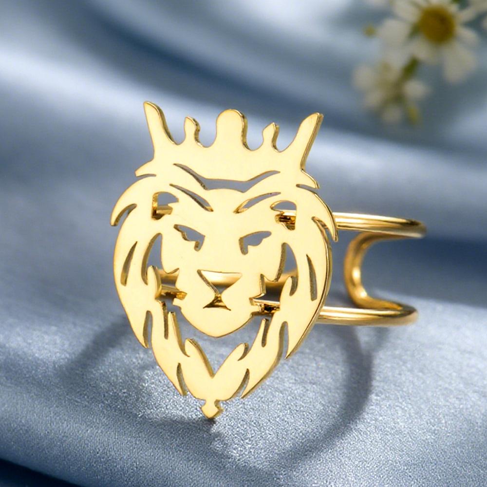 Dawapara Lion Head Ring Adjustable Norse Animal Totem Ring Strength Talisman Wedding Band Stainless Steel Jewelry
