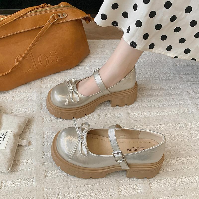 French bow Mary Jane single shoes women's 2025 summer and autumn new models with skirts, muffins, thick soles, big head and small leather shoes