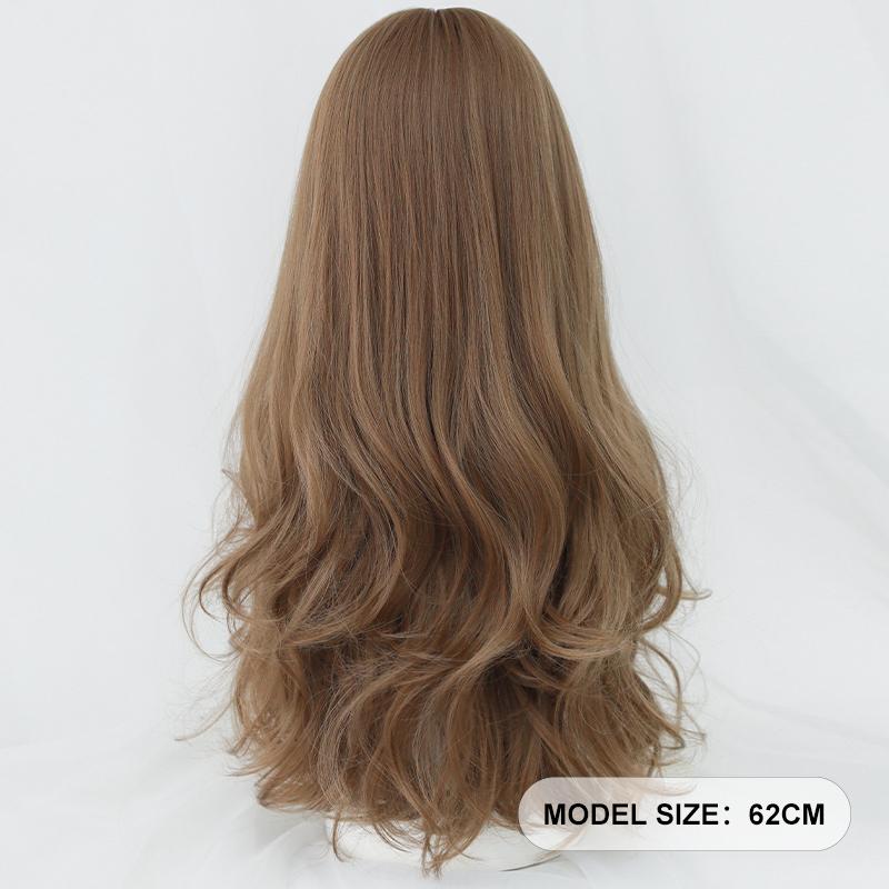 7jhh Wigs Honey Brown Wigs With Neat Bangs High Density Synthetic Loose Brown Hair Wig For Women Daily Use Beginner Friendly