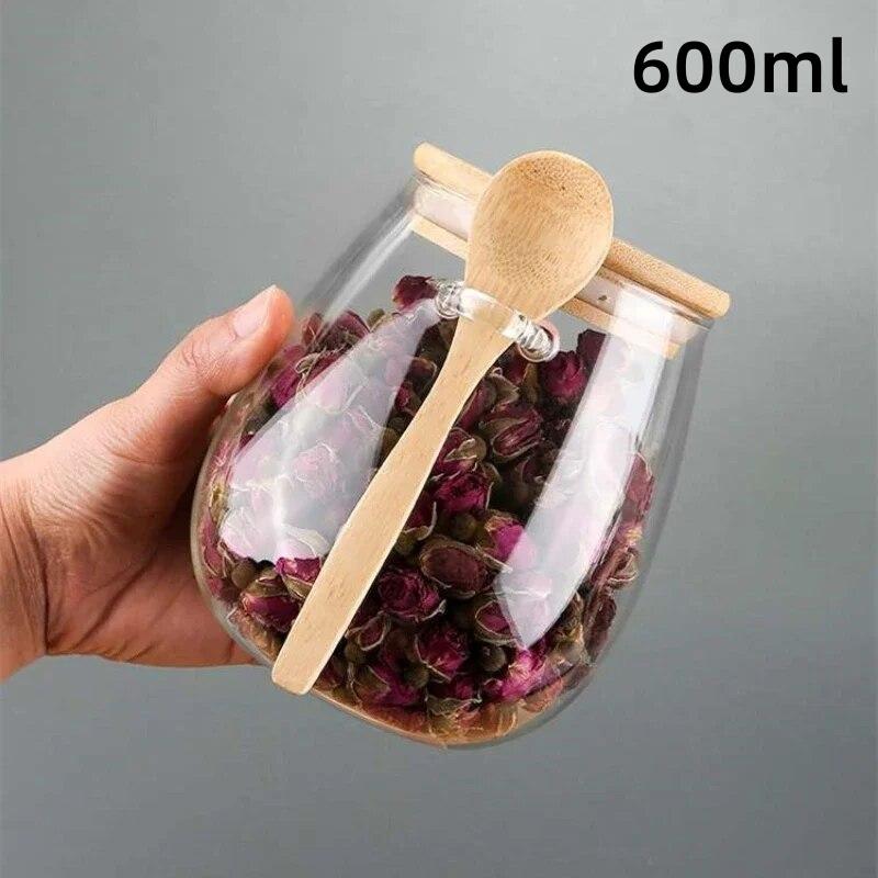 

Прозрачная стеклянная банка для хранения большой вместимости с ложкой, герметичный контейнер для закусок, круп, чая, бобов, органайзер для кладовой 600ml