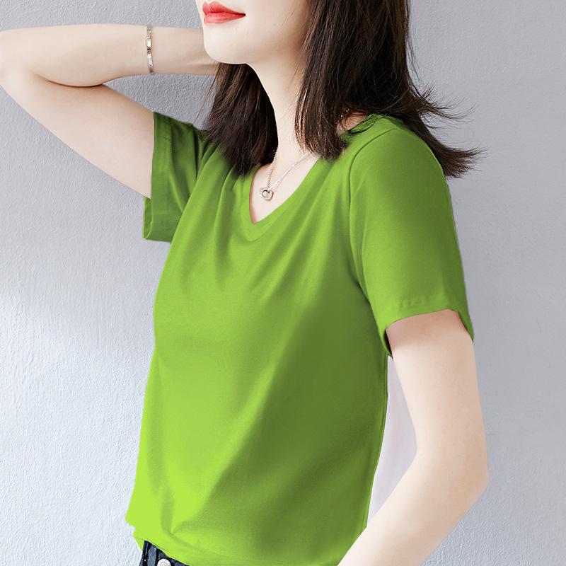 Women's 2022 Green Heart-Shaped V-Neck Short-Sleeve Cotton T-Shirt - Trendy Summer Wear
