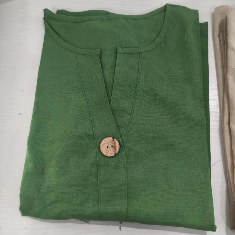 T-shirt da donna estiva nuova, larga, in cotone e lino, con scollo a V, bottoni, casual