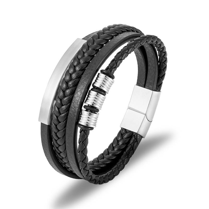 Multi-Layer Braided Leather Bracelet With Stainless Steel Magnetic Clasp Men Geometric Style Fashion Accessory
