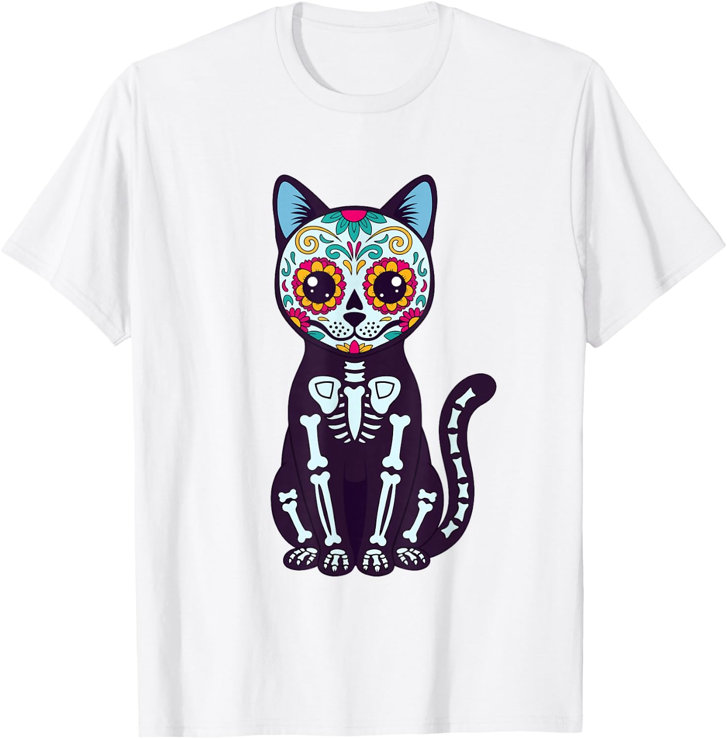 Sugar Skull Cat Skeleton Cute Day of The Dead Calavera Cat T-Shirt M
