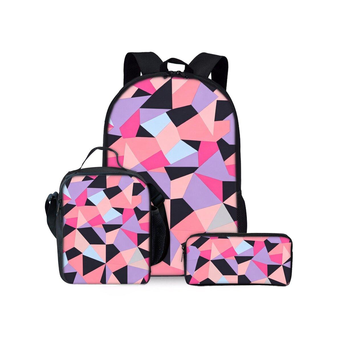 Ensemble de Sacs à Dos Trois Pièces Imprimé Triangle Géométrique pour Garçons et Filles Meilleurs Cadeaux Sac à Dos Scolaire Plat Dessin Animé 2D pour Enfants