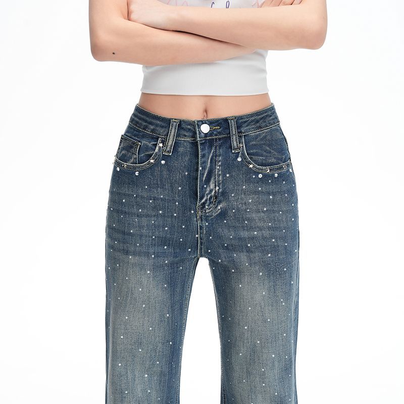 Spring Full Star Rhinestone Non Cling High Waist Floor Micro Flare Shiny Denim Pants For Women Casual Pants Oversize Denim Trousers