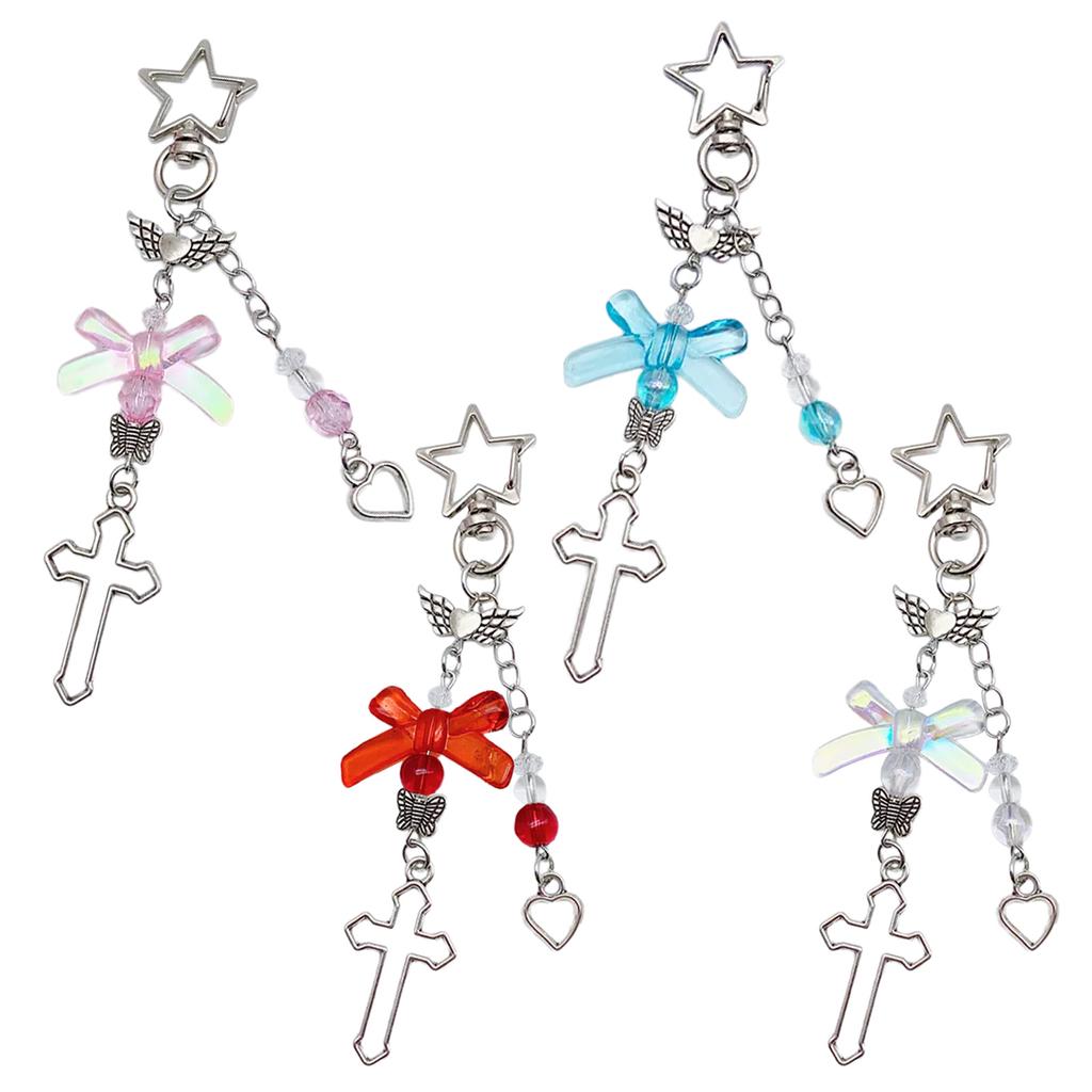 Elegant Keychain with Crosses Pendant Unique Keychain Phone Decoration Handcrafted Bowknot Heart Bead Keyring Ornament