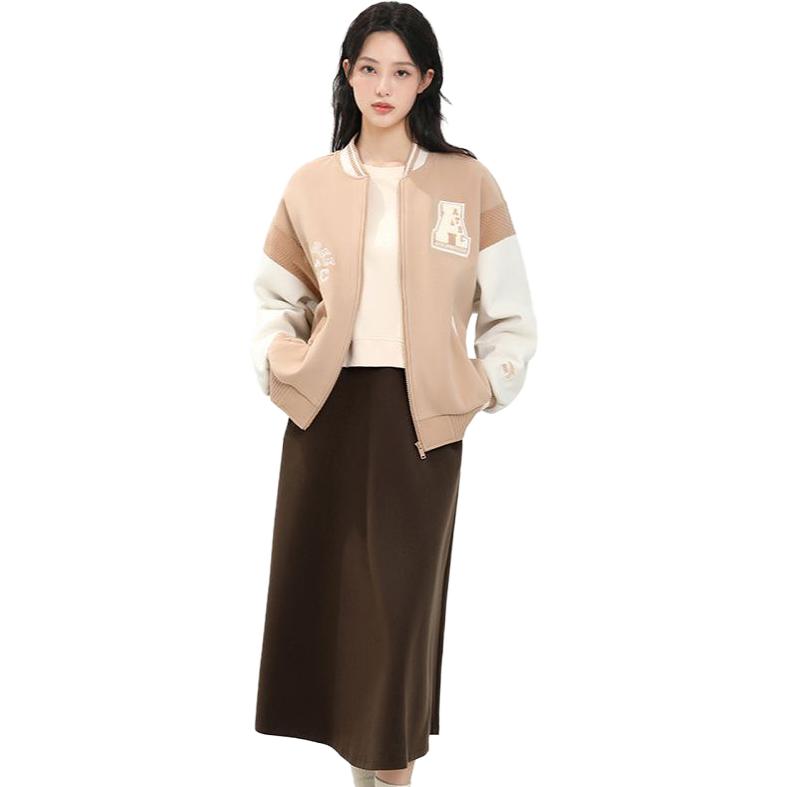 Anta Lifestyle Series Letter Embroidery Color Block Fleece Loose Casual Baseball Jacket Women Jacket Camel Milk-Tea 162348705-3