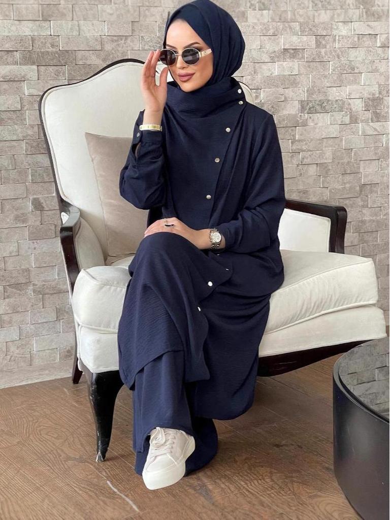 Women's Muslim Fashion 2024 Arabic Two-Piece Set: Long-Sleeve Shirt & Pants for Spring/Autumn