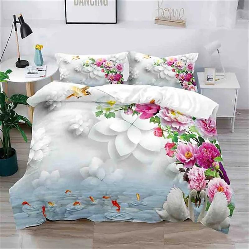 Blumen Bettbezug King Mikrofaser 3D Botanische Blüte Blumen Bettwäsche Set Luxus Geometrisch Schwan Bettdeckenbezug Für Mädchen Teenager