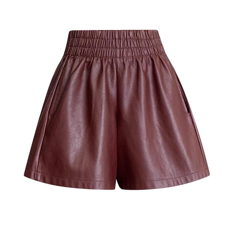 Women's PU Leather High-Waist A-Line Shorts - Slimming, Versatile, Wide-Leg, Korean Style for 2024 Autumn/Winter.