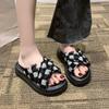 Women's Round Toe Platform Slide Sandals, Denim Check Chunky Heel Summer Shoes