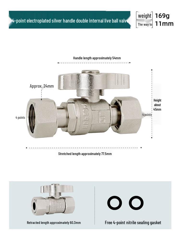 Full Copper Water Heater Union Ball Valve, Male/Female Thread, 6 to 4 Points Large Flow for Wall-Hung Boiler