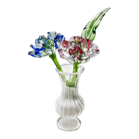 Mini Glass Flower Figurine Hand Blown Small Faux Crystal Carnation/Lily/Peony Flower Bouquet In Vase for Mother's Day Birthday Table Centerpiece