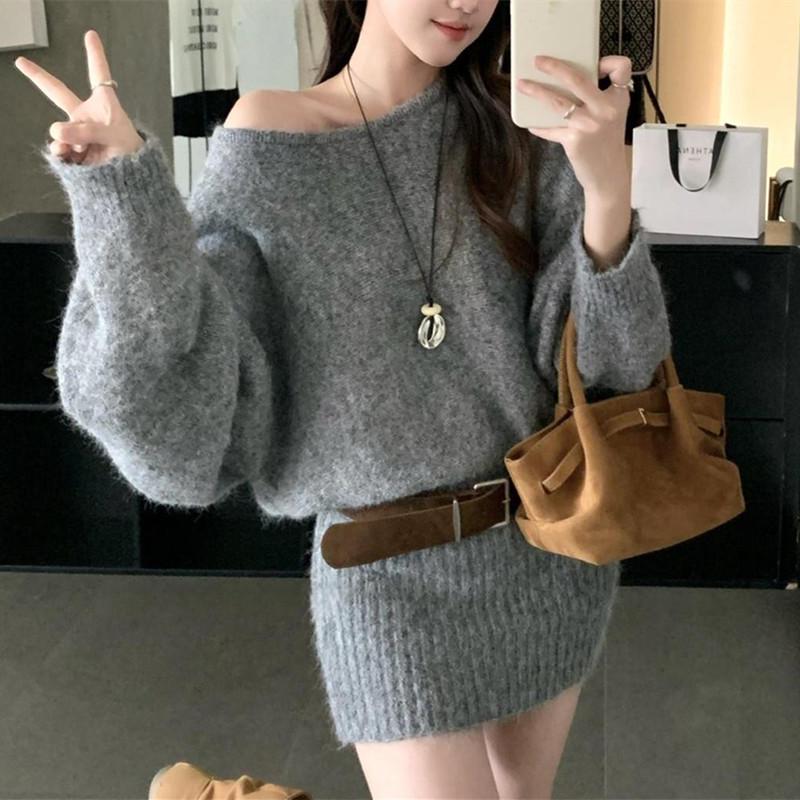 Korean Style One-Shoulder Long-Sleeve Sweater Dress with Hip-Wrapping Skirt for Autumn/Winter 2025