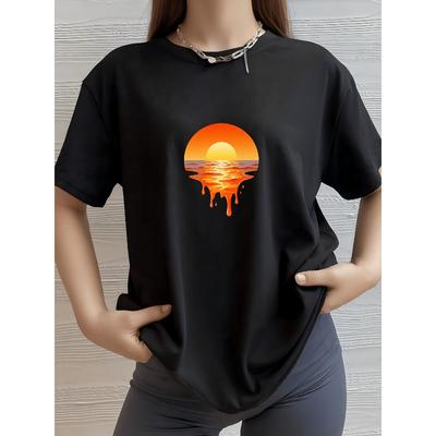 Summer Sunset Dripping Print Oversized Black T-Shirt for Women - Stylish Casual Short Sleeve Top with Vibrant Orange Sun And Ocean Design