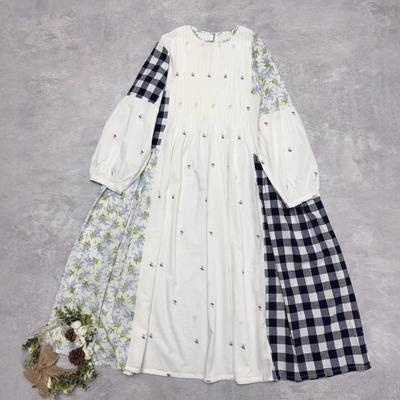 Japanisches Patchwork Kariert Floral Plissiert Locker Kleid Frühling Sommer O-Ausschnitt Lässig Druck Frauen Kleider
